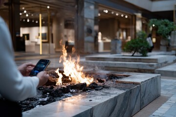 A person holds a smartphone while observing a fire burning in a public space, merging technology with an unexpected emergency.