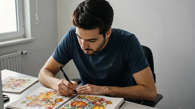 Focused Artist Creating Colorful Illustration at Desk