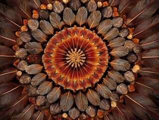 Decorative Circular Arrangement of Feathers and Natural Elements with Warm Earth Tones