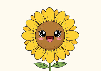 Cute Kawaii Sunflower with Happy Face Illustration