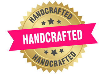 hand crafted. hand crafted round pink and gold label isolated on transparent background