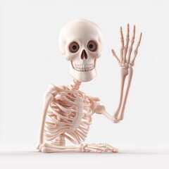 Friendly Cartoon Skeleton Sitting and Waving on White Background