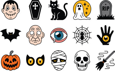 Collection of spooky halloween vector icons and elements