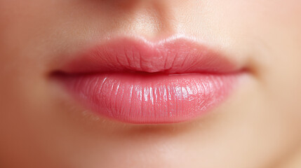 Fototapeta premium Close up of smooth lips with natural pink color and soft skin texture showing delicate facial features and gentle expression