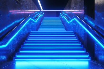 Futuristic staircase illuminated by glowing blue LED lights in a high-tech neon interior environment
