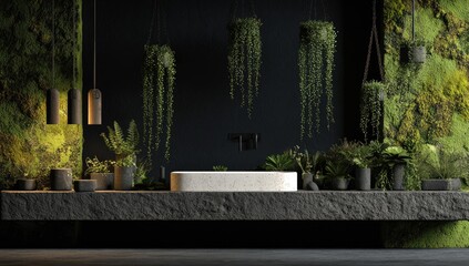 Modern bathroom with dark walls, stone counter,  freestanding tub, and abundant hanging & potted greenery, creating a lush, spa-like atmosphere