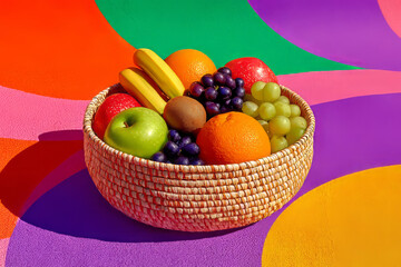 Wicker basket with assorted fruits on a bold and bright multicolor background, perfect for modern food photography.
