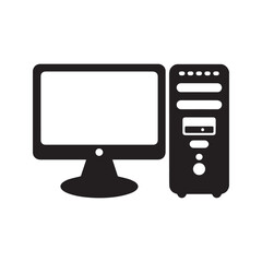 Desktop computer icon, PC with monitor and system unit tower, technology symbol for workstation
