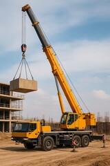 Lifting High: A massive mobile crane elevates a concrete block at a construction site, showcasing strength and precision against a backdrop of blue skies and a building.