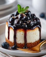 Cheesecake with blueberries and mint on a white plate.