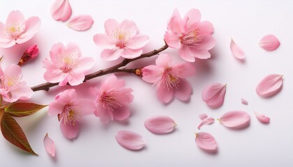 pink blossom branch and petals on white background