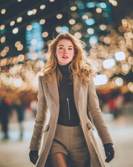 Portrait of a beautiful young woman in the city at Christmas time