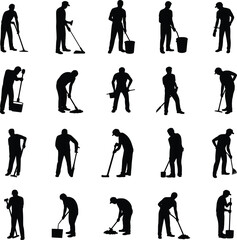 Obraz premium Worker cleaning silhouettes with mop broom bucket, man janitor labor posture set, housekeeping staff job, cleaning service maintenance black vector icons