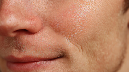 Obraz premium Close up of male face showing smooth skin texture and slight smile with natural light highlighting healthy complexion and fine facial hair