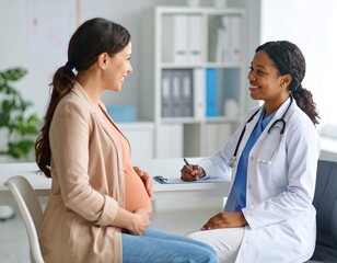 Obraz premium Pregnant woman smiles at her doctor during a consultation in a bright office