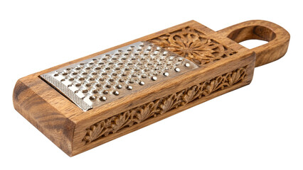 Wooden cheese grater with carved floral design isolated on transparent background kitchen tool for grating cheese and vegetables with handle