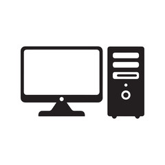 Desktop computer icon, PC with monitor and system unit tower, technology symbol for workstation