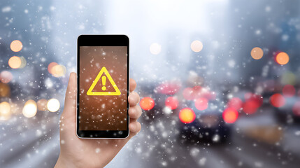 A winter weather warning is prominently displayed on smartphones as heavy snowfall creates challenging conditions in bustling urban traffic
