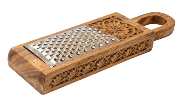 Wooden cheese grater with carved floral design isolated on transparent background kitchen tool for grating cheese and vegetables with handle