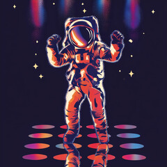 Fototapeta premium Colorful dancing astronauts in space – retro-futuristic neon art with cosmic vibes. Perfect for t-shirts, posters, stickers, and digital projects. Fun, energetic, and unique space illustration.