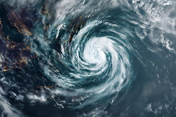 Powerful cyclone forming over the ocean near the coast, demonstrating intense weather patterns and atmospheric dynamics
