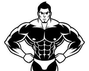 Fototapeta premium A centered, black silhouette of a muscular man. He is an adult male, likely logo type Caucasian, with a very muscular and defined physique on white background.