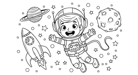 Cute cartoon astronaut floating in space with rocket and planets, coloring page for kids printable illustration coloring page for kids