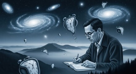 A pensive man writes in a book amidst a surreal cosmic landscape with floating, melting clocks.
