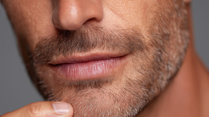 Obraz premium Close up of man lower face showing detailed skin texture, natural lip color, and short beard stubble with smooth complexion and healthy lips
