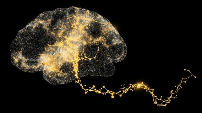A golden molecular structure of spermidine floating above a brain-shaped nebula, glowing with energy.