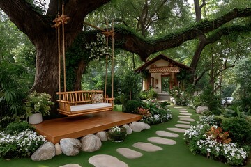 Peaceful garden setting with swing high resolution picture