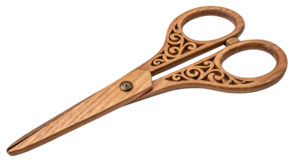 Elegant wooden scissors with ornate carved handles isolated on transparent background, showcasing vintage craftsmanship and unique design for crafting