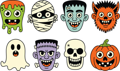 Cute hand drawn cartoon halloween monster faces collection