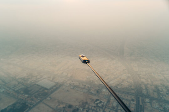 Hot air baloon in qatar during winter morning ride through qatar airspace.