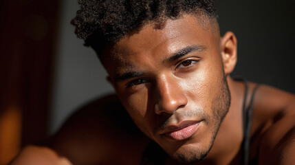Close up young man curly hair facial hair brown skin natural light confident expression indoors portrait masculine presenting black teen thoughtful look smooth skin short hair casual serious male
