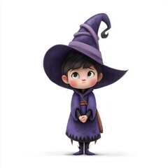 Cute Little Witch in Purple Costume on White Background