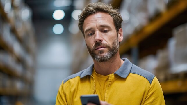 Warehouse Worker in Focus: A focused warehouse employee examines his mobile phone amidst the logistical network, showcasing commitment to productivity, modern commerce, and technological integration.