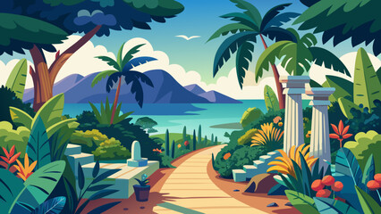 Naklejka premium Vector art of a picturesque tropical paradise with a winding path leading through lush greenery and palm trees towards a serene blue ocean and distant mountains under a cloudy sky