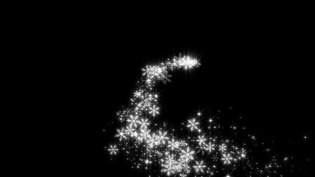 white snow flakes and stars wave trail alpha channel loop animation, shiny and glitter snow sparks, Christmas and new year holiday overlay motion design element	