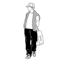 Line drawing of a young man in casual summer fashion with tote bag