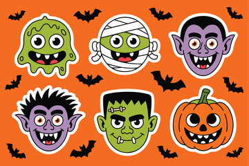 Cute halloween characters and bats on orange background