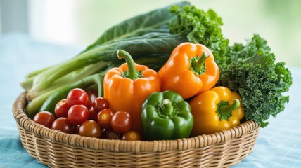 Vibrant bell peppers, tomatoes, and kale on a bamboo serving tray