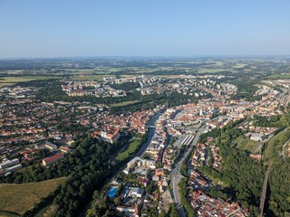 Trebic public swimming pool complex with water slides and outdoor areas aerial view