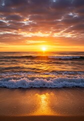 Fototapeta premium Vibrant Ocean Sunset with Golden Sand Beach