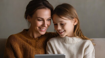 Mom and Daughter's digital moment: A heartwarming scene showing a mother and daughter sharing quality time as they engaging with tablet computer, capturing the bond of family connection.