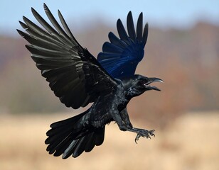 Black crow in mid-flight