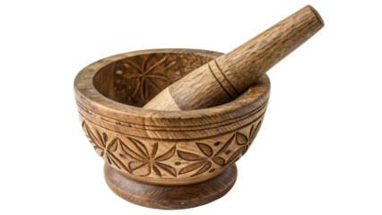 Wooden mortar and pestle with carved floral pattern, traditional kitchen tool for grinding herbs and spices isolated on transparent background