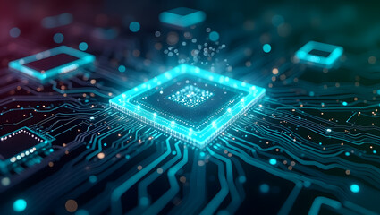 Blue circuit board with a powerful computer chip, an essential component in modern electronics and digital technology