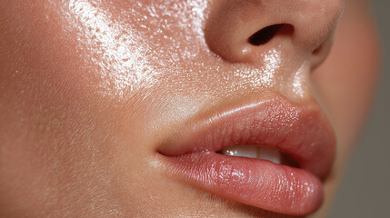 Close up of glossy lips and smooth skin with natural shine and soft texture showing healthy beauty and hydration