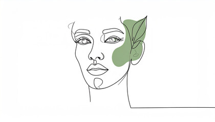Obraz premium Minimalist Line Art Female Face with Leaf, Green Concept Illustration